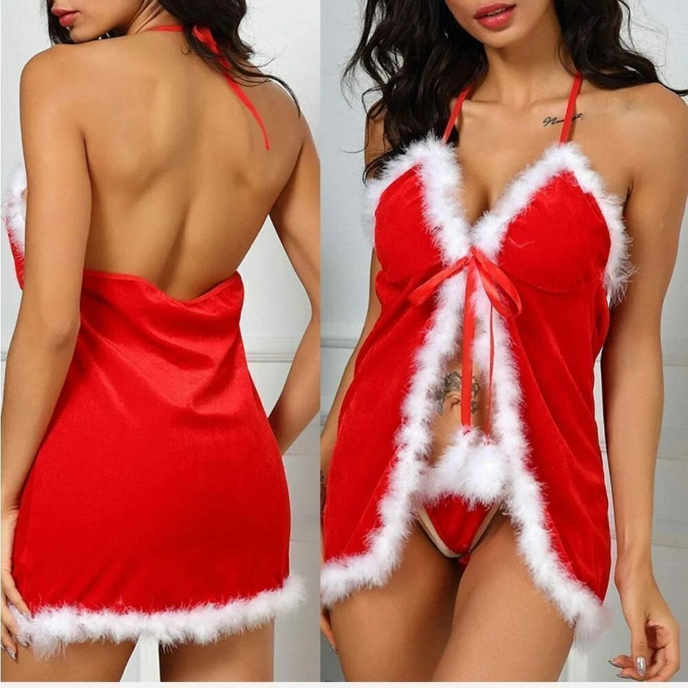 Women Christmas Lingerie Red Babydoll Lace Mrs Claus Santa Sleepwear Nighties